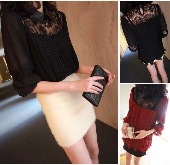 2013 lapel small leather sexy black lace patchwork chiffon one-piece dress 13005