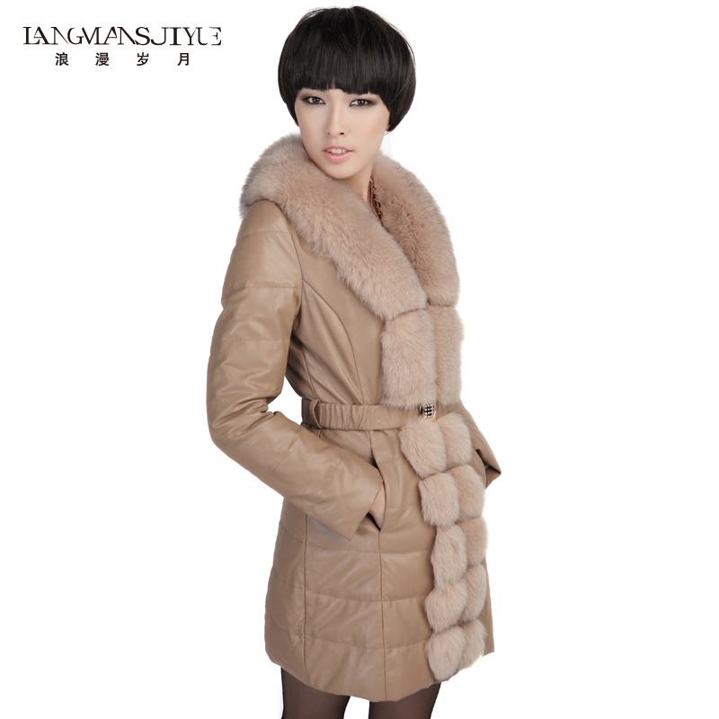 2013 large fox fur genuine leather clothing medium-long women's sheepskin down coat l268