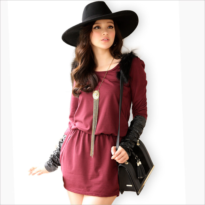 2013 Large size  Women's fur collar all-match leather long-sleeve elastic waist casual winter woolen dress one-piece dress