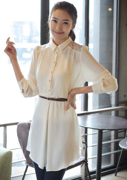 2013 latest Wome's long t-shirt Lace Shirt  ladies' blouse  with belt white and black full size S/M/L/XL 204311 Free Shipping