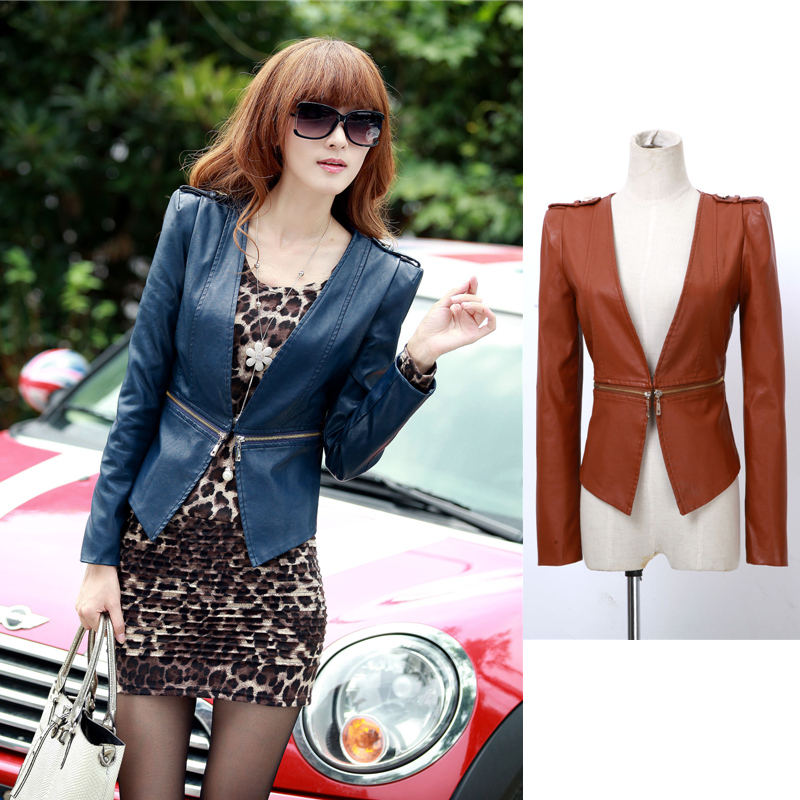 2013 leather clothing female short design spring and autumn fashion slim V-neck water wash PU top coat-817-p100-559