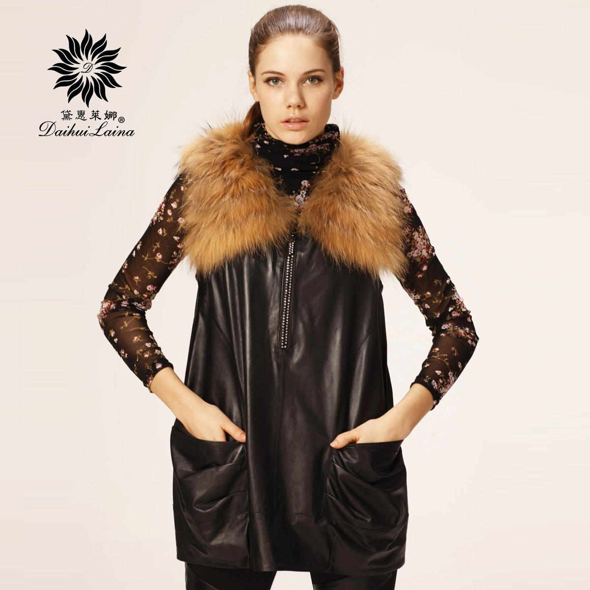 2013 leather clothing medium-long tank dress raccoon fur leather clothing one-piece dress sheepskin 727