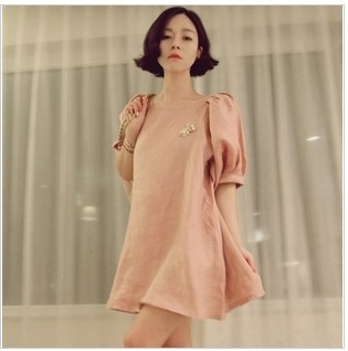 2013 Leather pink noble puff sleeve lantern sleeve loose one-piece dress 729