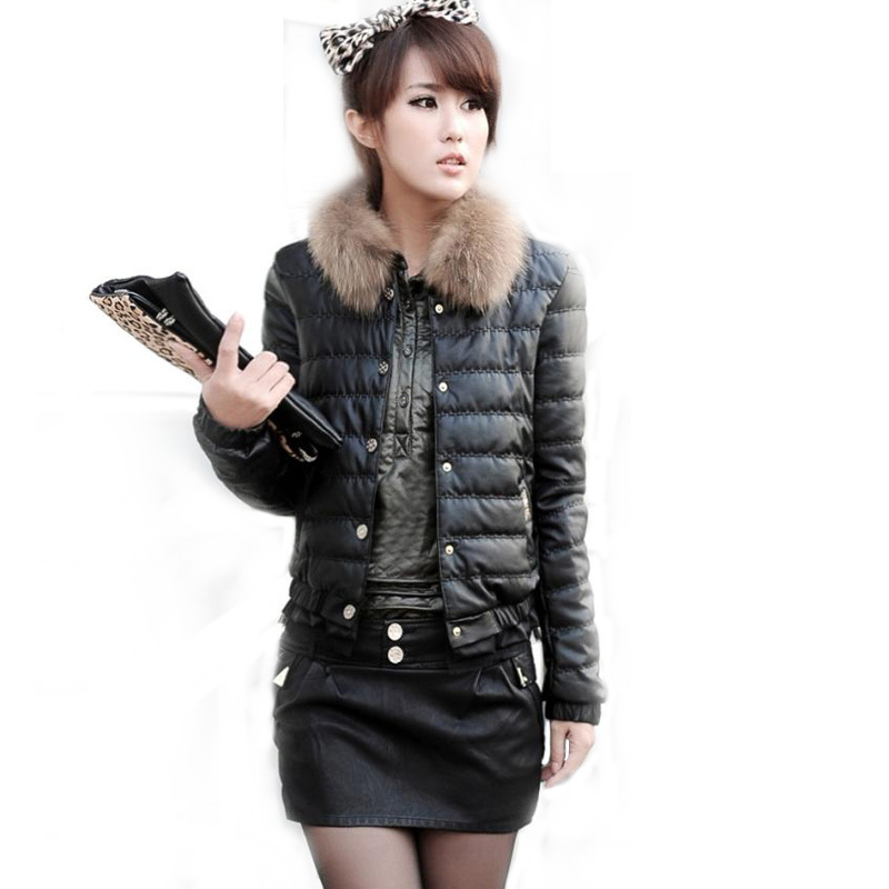 2013 leather women duck down coat wadded jacket women's short design slim fur collar plus size winter outerwear thickening