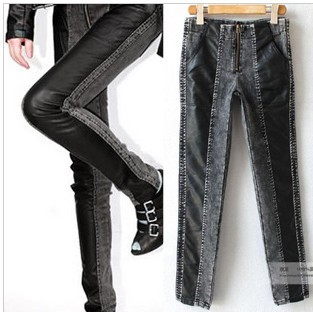 2013 legging water wash denim pants leather patchwork denim skinny pants boot cut jeans