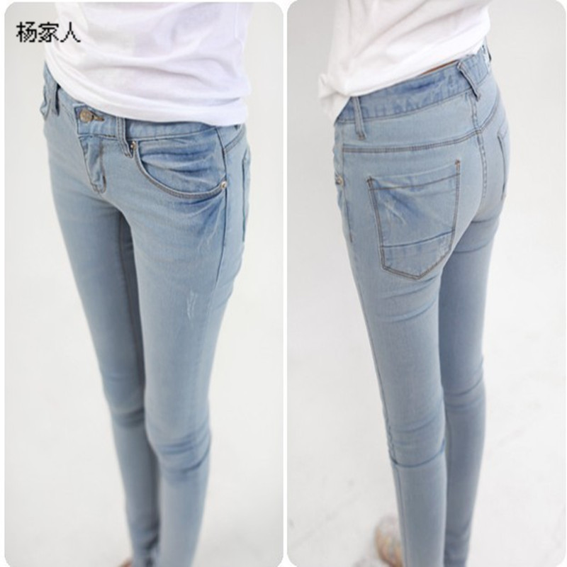 2013 light color tight elastic jeans 100% cotton women's jeans pencil pants skinny pants