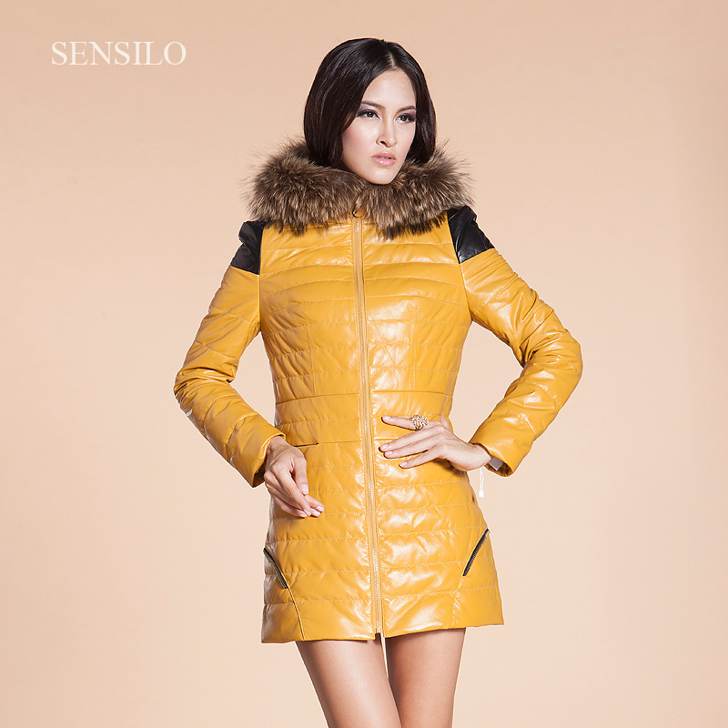 2013 light yellow  women's sheepskin genuine leather downcoat outerwear big raccoon fur neckline with a hood down coat s12237