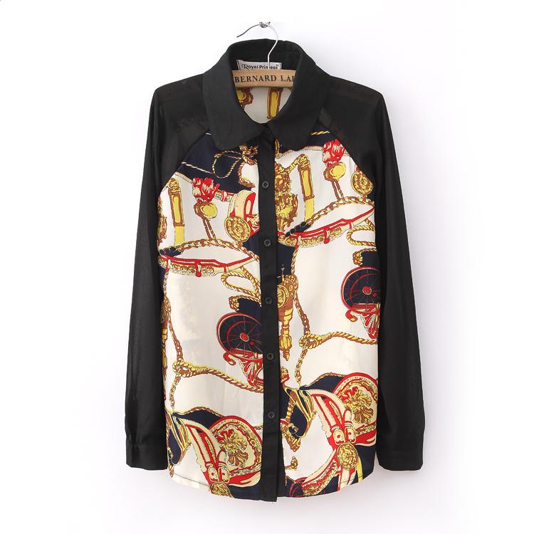 2013 Ligom Spring fashion vintage shirt wheel print patchwork long-sleeve chiffon shirt chiffon shirt female
