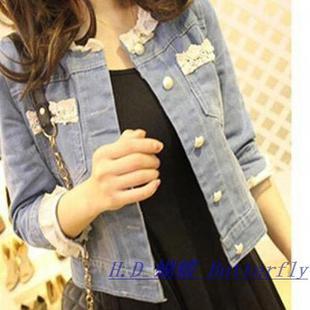 2013 long-sleeve half sleeve denim outerwear spring and autumn women's sweet casual o-neck denim coat short design outerwear