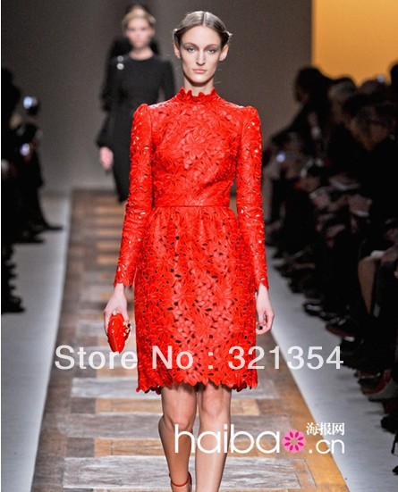 2013    long sleeve stand collar    filigree  leather   red   dress  celebrity  dress GZ5