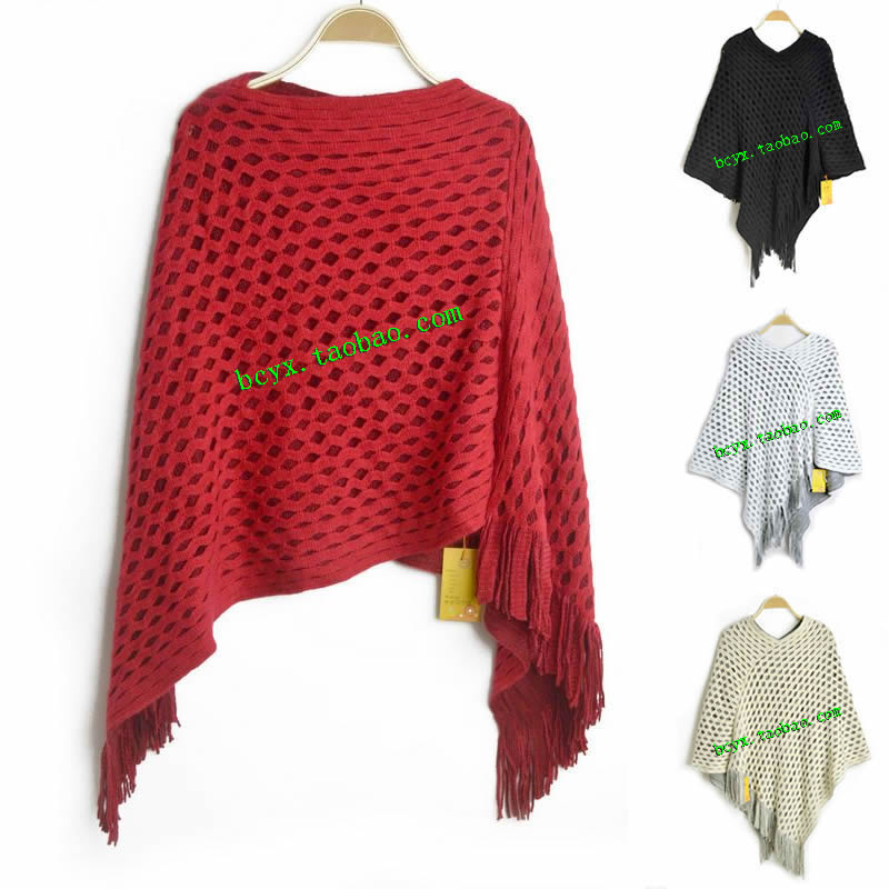 2013 Loose plus size long design cloak fashion sweater female outerwear cutout tassel double layer cape Winter  New
