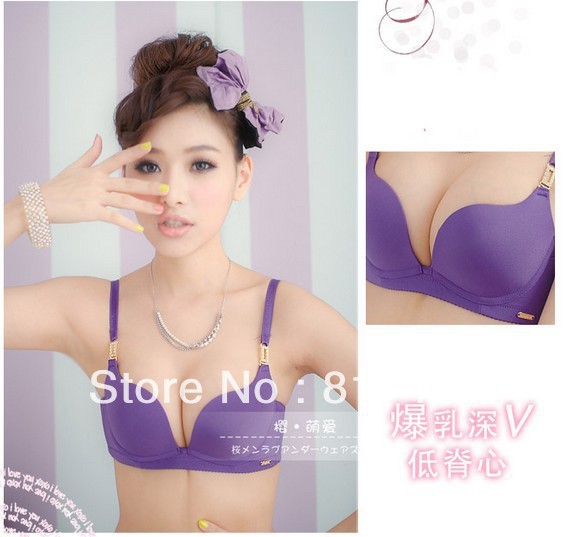 2013  Luxury diamond decoration plain solid color push up underwear w cup deep V-neck sexy lace thong bra set