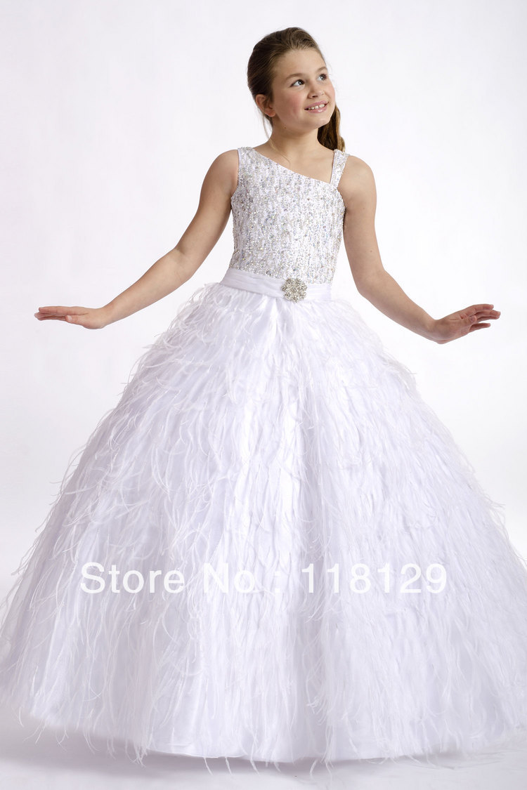 2013 Luxury  Feather  Beading Satin BallGown Children Dresses Floor-length Sleeveless  Flower Girl Dresses 2299