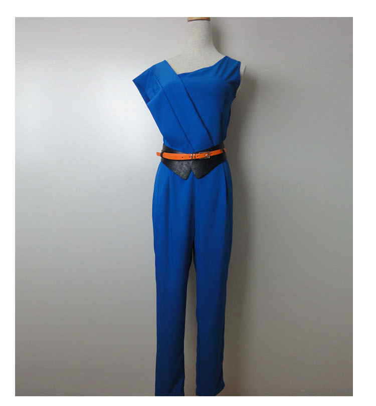 2013 Luxury Summer Fashion Women's Sexy Sleeveless jumpsuit with the Belt Band New Blue Color Free Shipping