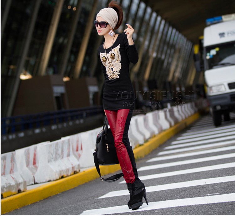 2013 maroon butterfly embroidery leather black velvet basic skinny pants