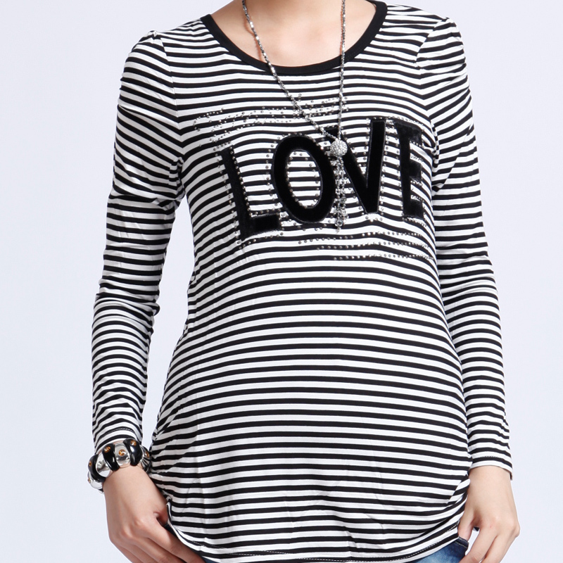2013 maternity clothing 100% cotton spring top maternity knitted stripe basic shirt