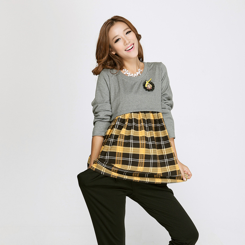 2013 maternity clothing maternity top british style nursing plaid long-sleeve top