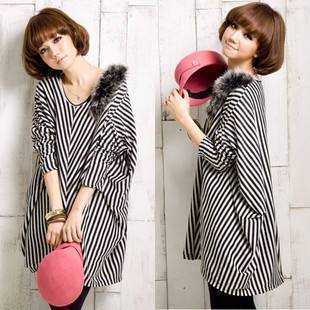 2013 maternity clothing spring and autumn fur collar vertical stripe loose plus size long design batwing sleeve t-shirt