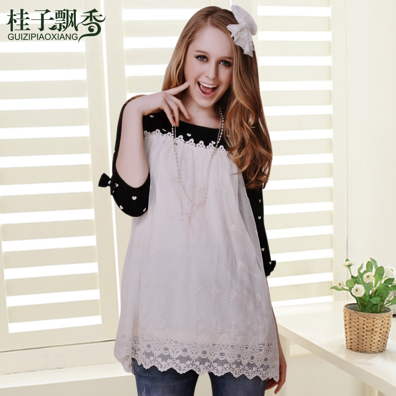 2013 maternity clothing spring new arrival vintage polka dot lace decoration skirt maternity spring top