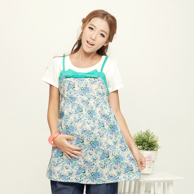 2013 maternity clothing summer maternity short-sleeve top o-neck fancy faux two piece maternity t-shirt