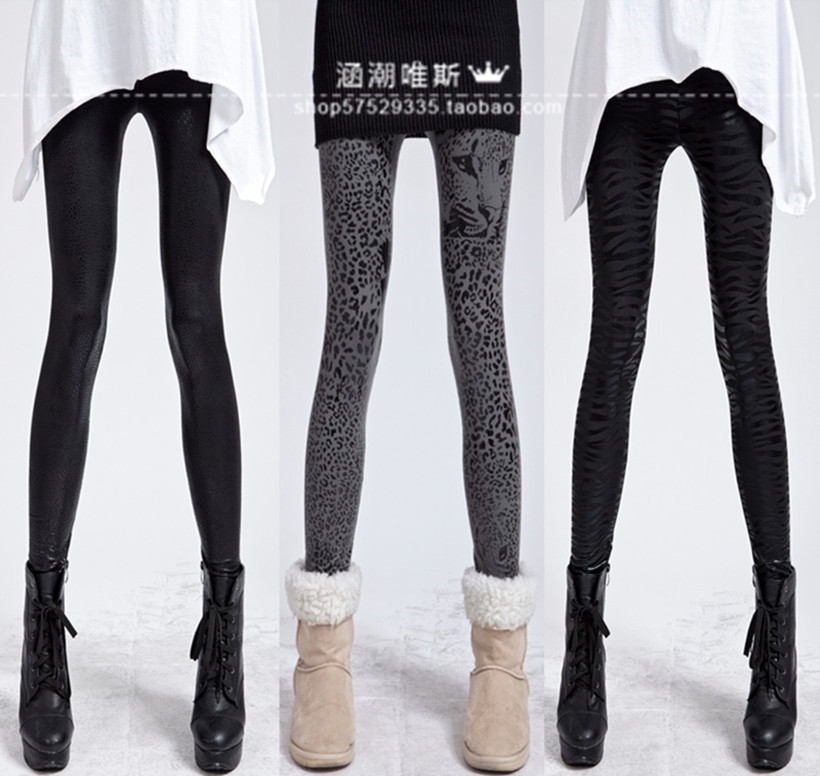 2013 matt faux leather pants patchwork tight-fitting autumn and winter fashion leopard print faux leather legging female