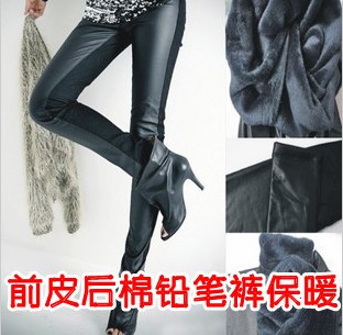 2013 matte leather ankle length trousers legging tight fitting after cotton patchwork leather