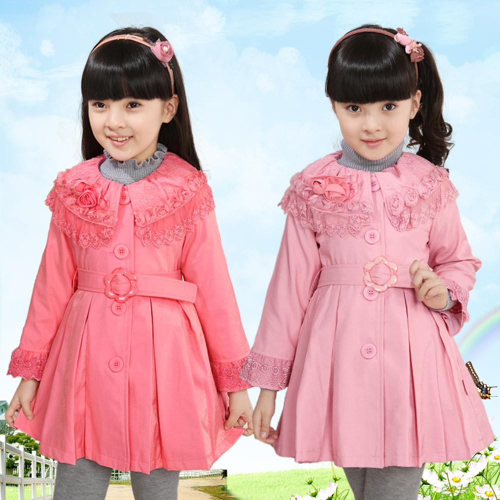 2013 medium-large girls clothing princess lace peter pan collar trench child outerwear 2208