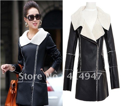2013 medium-long stand collar motorcycle vintage color wool patchwork leather outerwear free shipping 2062
