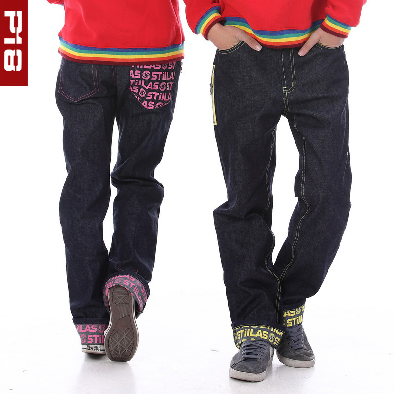 2013 men jeans four seasons letter trousers hiphop lovers roll up hem straight primaries casual jeans fashion men pants