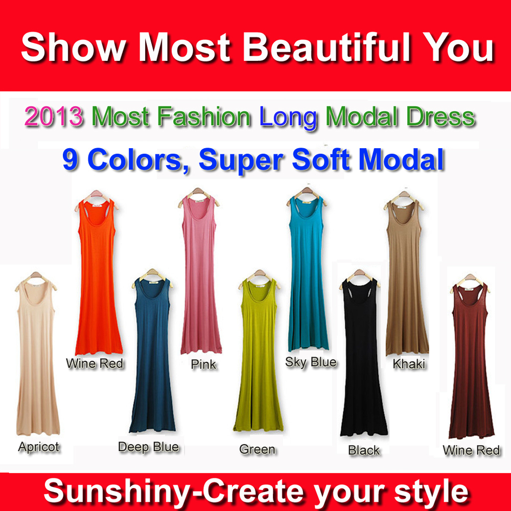 2013 Most Fashion Bohemia Long Dress 9 Colors Beach Dress Fashion Modal Dress Summer Long Tank Dress Suspender EK-2
