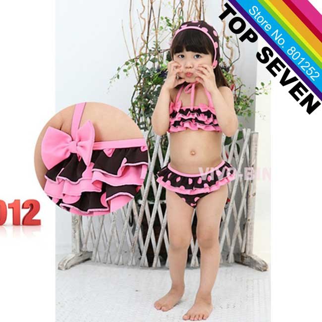 2013 New 5pcs Toddler Girls' Black & Pink Dot 3-Piece Swimwear w Hat, Swimsuit Swimming Suit Bathing Suit Costume #S2-027, CF