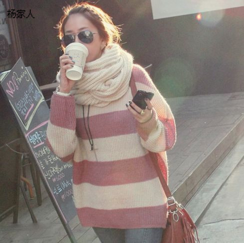 2013 new arrival autumn and winter stripe batwing sleeve pullover sweater loose plus size medium-long sweater