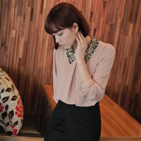 2013 New arrival autumn fashion Sequined collar long sleeve blouse chiffon S,M,L,XL Wholesale price