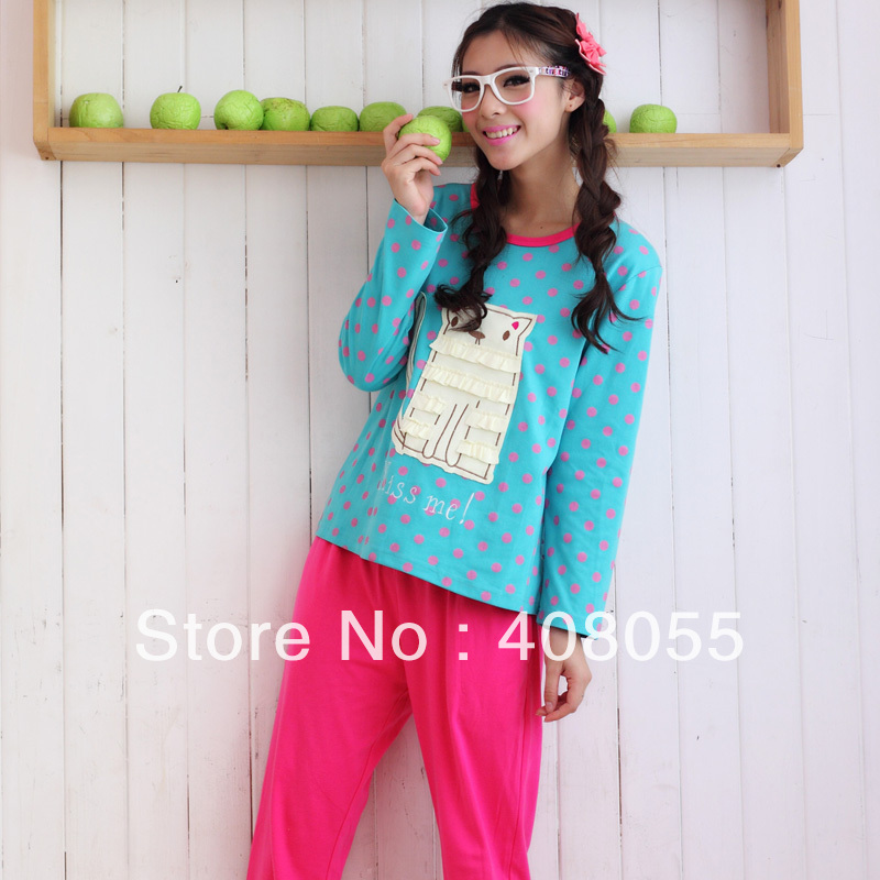 2013 new arrival  autumn long-sleeve knitted cotton women's q fresh green princess sleep set loung Free shipping  Free shippinge