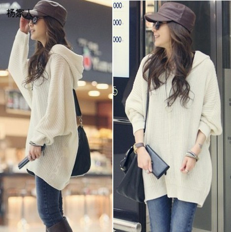 2013 new arrival autumn loose casual batwing sleeve with a hood sweater solid color plus size sweater thin