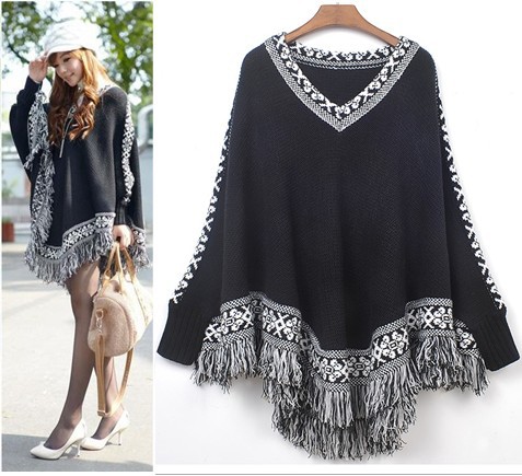 2013 new arrival autumn&spring national trend V-neck tassel batwing sleeve cloak cape laides' sweater