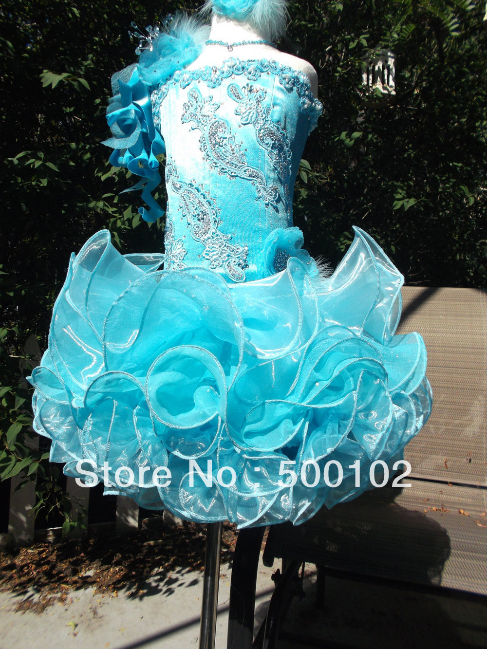 2013 New Arrival Blue One Shoulder Beaded Embroideried Tassel Feather Ruffled Skirt Satin Girls Pageant Dresses