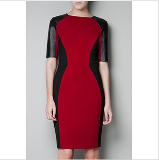 2013 new arrival brief lady Europe style o-neck slim pu leather patchwork knee-length dress/ fashion short sleeve dress