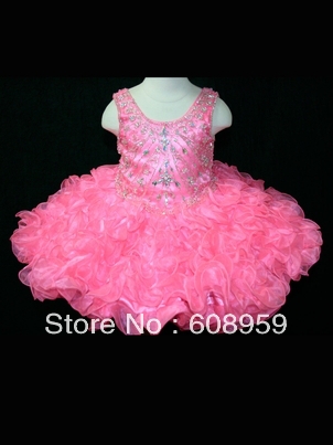 2013 New Arrival Cheap A Line Pretty  Beading Mini Organza Pink Cupcake Girls Pageant Dress Flower Girl Dress For Kids