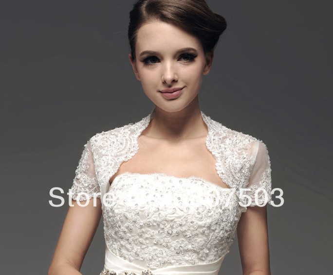 2013 New Arrival Custom Made Elegant Short Sleeves Lace Beaded Wedding Bolero FOXXX