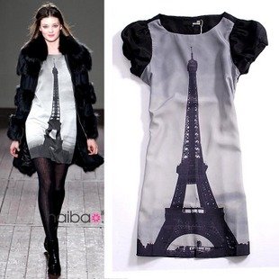 2013 New arrival Eiffel Tower print pattern short sleeve chiffon dress S,M Wholesale & Retail