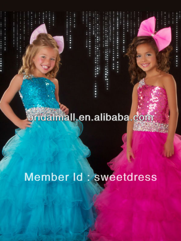 2013 new arrival fashion Ball Gown gorgeous One-shoulder dazzling sequins bodice Layered Flower Girl pageant Dress JW0056