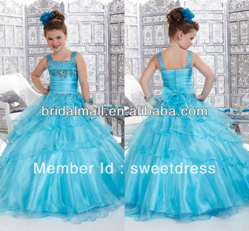 2013 new arrival fashion Ball Gown Spaghetti Straps gorgeous dazzling Organza girls long pageant Gowns JW-0026