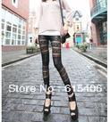2013 new arrival fashion black PU leather Lace Stitching  slim elastic legging tights pants