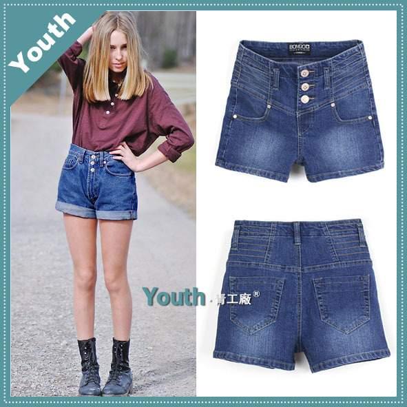 2013 new arrival fashion buckle high waist denim shorts