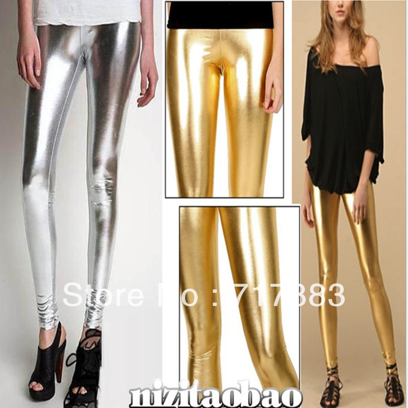2013 NEW ARRIVAL Fashion casual female gold and silver fashion bling legging skinny women leather leggings ,Free shipping