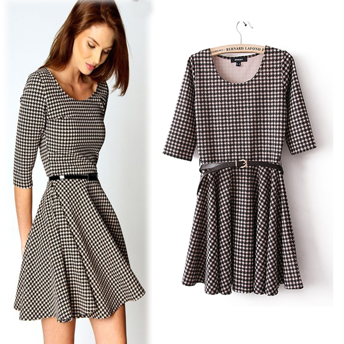 2013 new arrival fashion normic british style houndstooth half sleeve belt pleated one-piece dress female