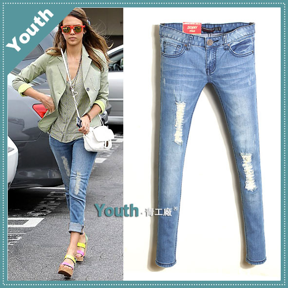 2013 new arrival fashion normic thin hole blue jeans female low-waist slim ankle length trousers