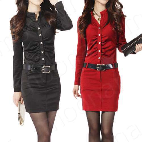 2013 New Arrival Fashion Red & Black color OL Ladies Long Sleeve Tunic Pencil Mini Slim Sheath Casual Dresses Free Belt E0887