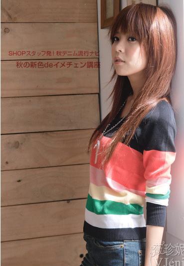 2013 new arrival fashion slim stripe patchwork loose o-neck  vintage reversible sweet sweater,s-803